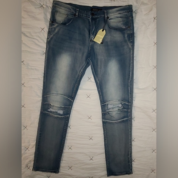 Acid wash moto distressed stretch cool jeans size 36 x 32 - Picture 2 of 4